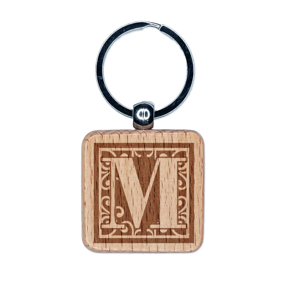 Monogram Swirls Letter M Engraved Wooden Square Keychain Charm  