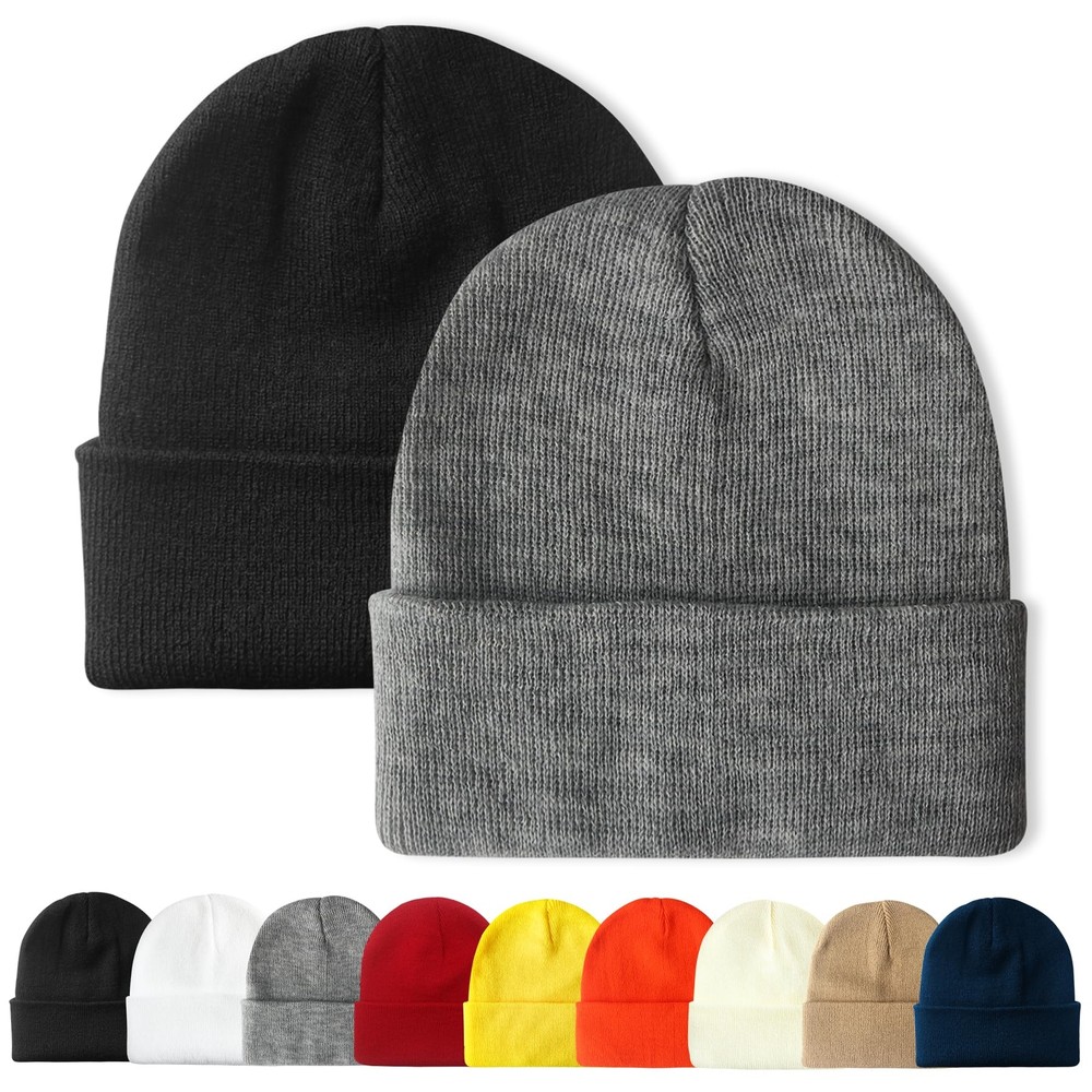 2 Packs Unisex Beanie Hats for Men and Women Knit Winter Beanies Black+Gray