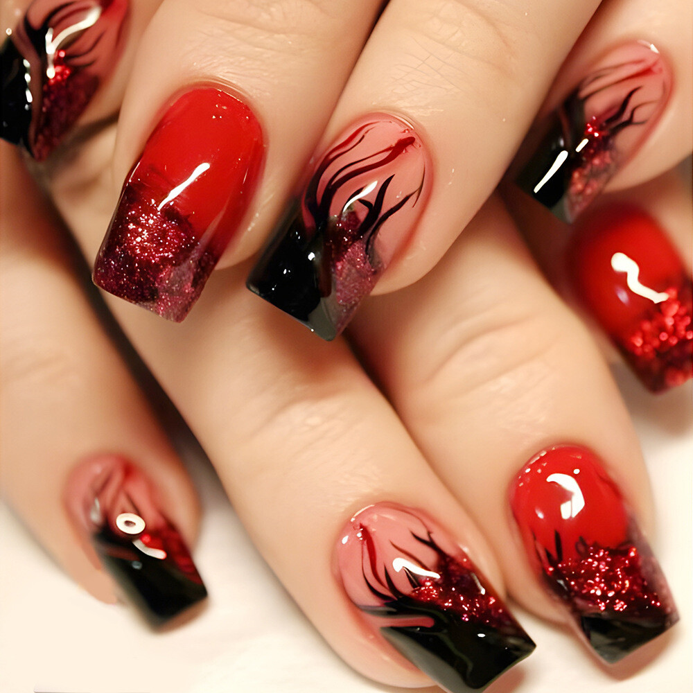 Short Square Press-On Nails Halloween Flame Glossy Red 24pcs