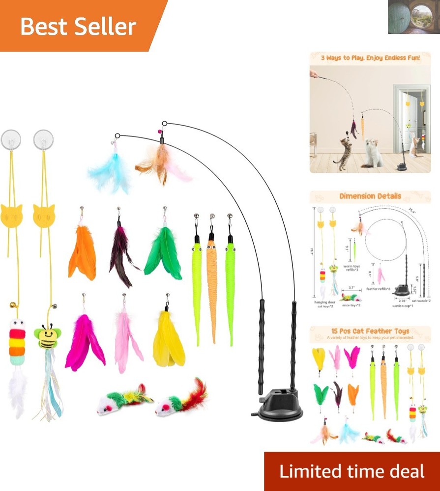 Engaging Feather Cat Wand Toy Set: 15 Pieces for Indoor Play & Exercise