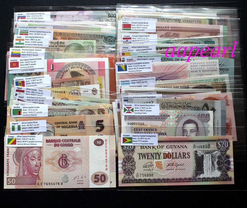 100 Different Foreig Banknotes Paper Money 50 Countries English Flags Collection