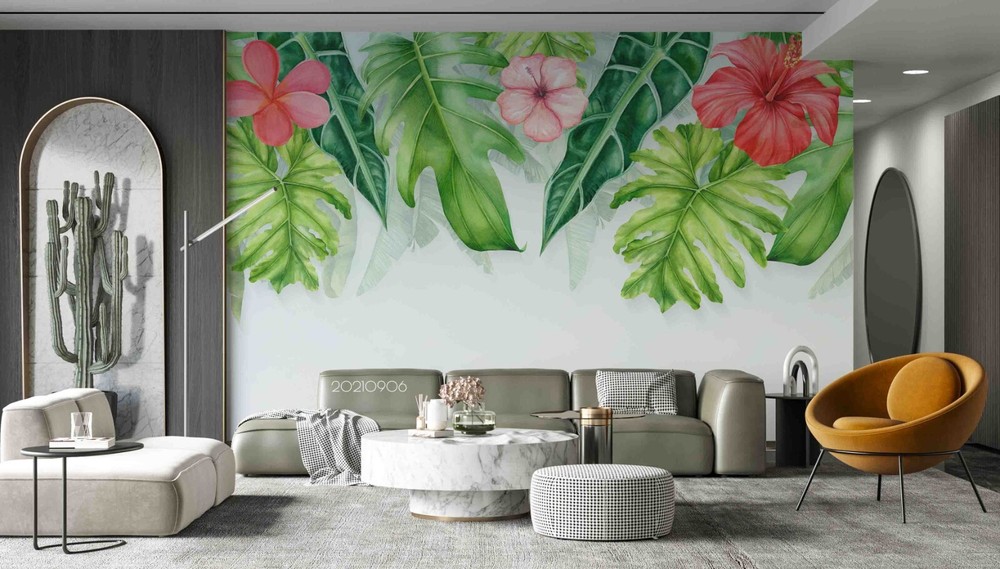3D Green Leaf Pink Floral Wall Murals Wallpaper Murals Wall Sticker