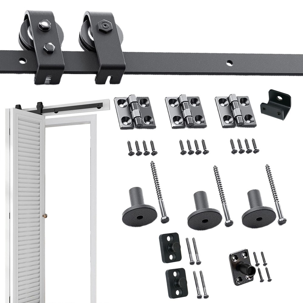 46in Bifold Sliding Barn Door Hardware Folding Roller Flat Track Kit For 2 Door