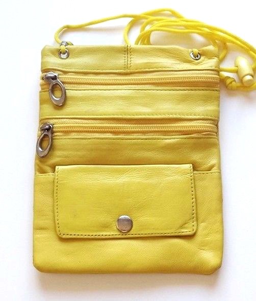 Yellow Leather Travel String Bag Passport Holder Neck Strap Cross body Lanyard