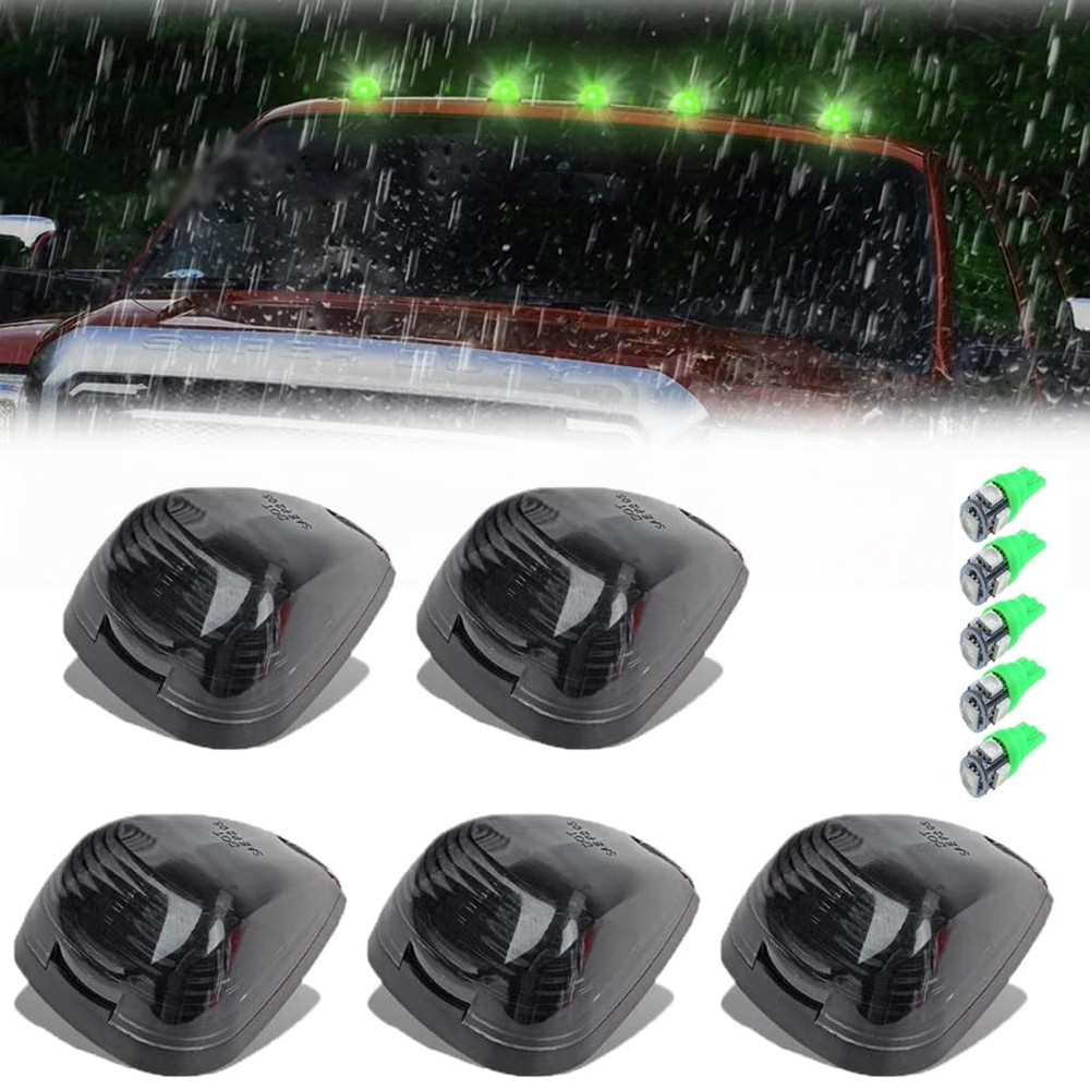 5X Black Smoke Roof Marker Lamps with Green LED Lights for Cab Compatibility