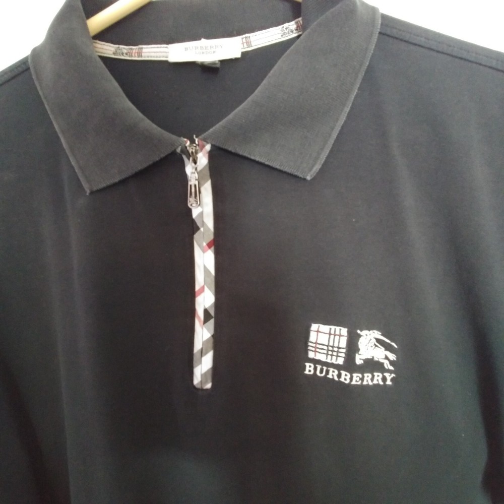 Burberry Black Polo Shirt Men 1/4 Zip XL Tartan Check Classic
