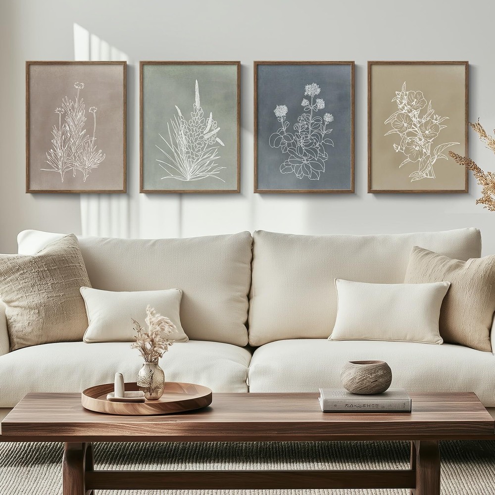 Boho Framed Botanical Wall Art for Living Room, Set of 4 Rustic Flower Canvas...