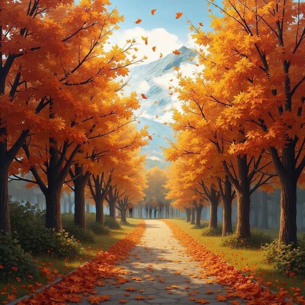 AI Art Desktop Background - Mountain Landscape with Trees and Leaves  -image