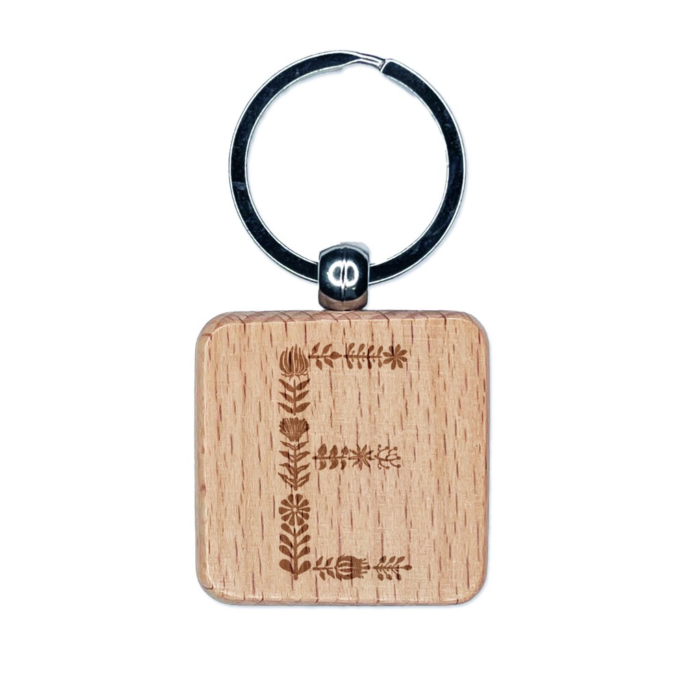 Elegant Botanical Floral Letter E Engraved Wood Square Keychain Tag Charm