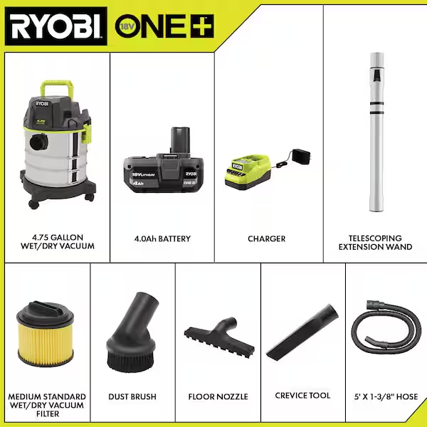 Ryobi 18V Cordless 4.75 Gal. Wet/Dry Vacuum Kit With 4.0 Ah Battery And Charger