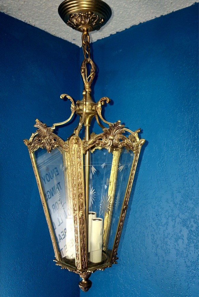 Beautiful Vintage Gilt Brass Lantern Chandelier  Etched Glass