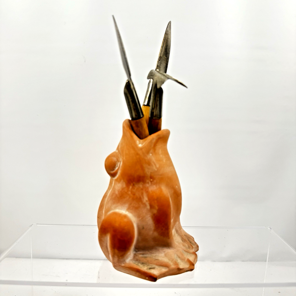 Terracotta Frog Pottery Figurine with 3 Mini Gardening Tools Clay Sculpture Garden Decor