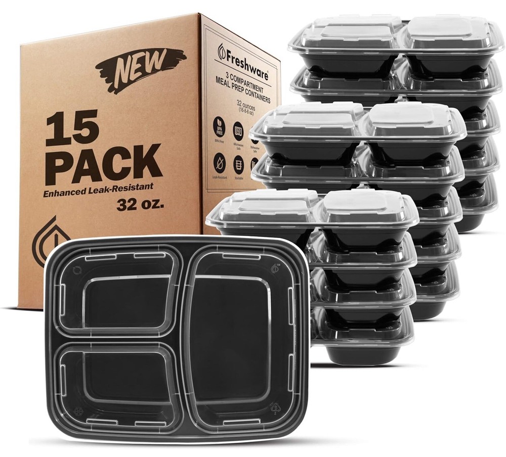 15-Pack BPA-Free 32oz Plastic Meal Prep Containers with 3 Compartments by Freshware