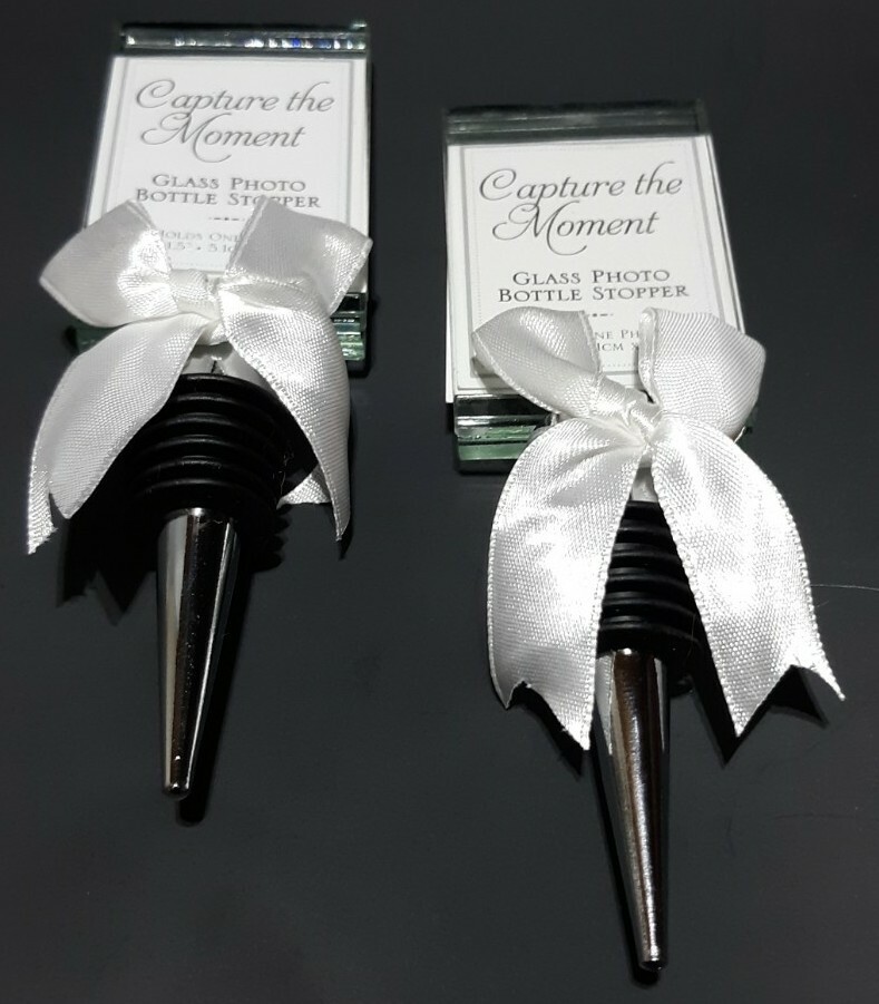 2 Capture the Moment Personalized Glass Photo Holder Wine Bottle Stopper Wedding