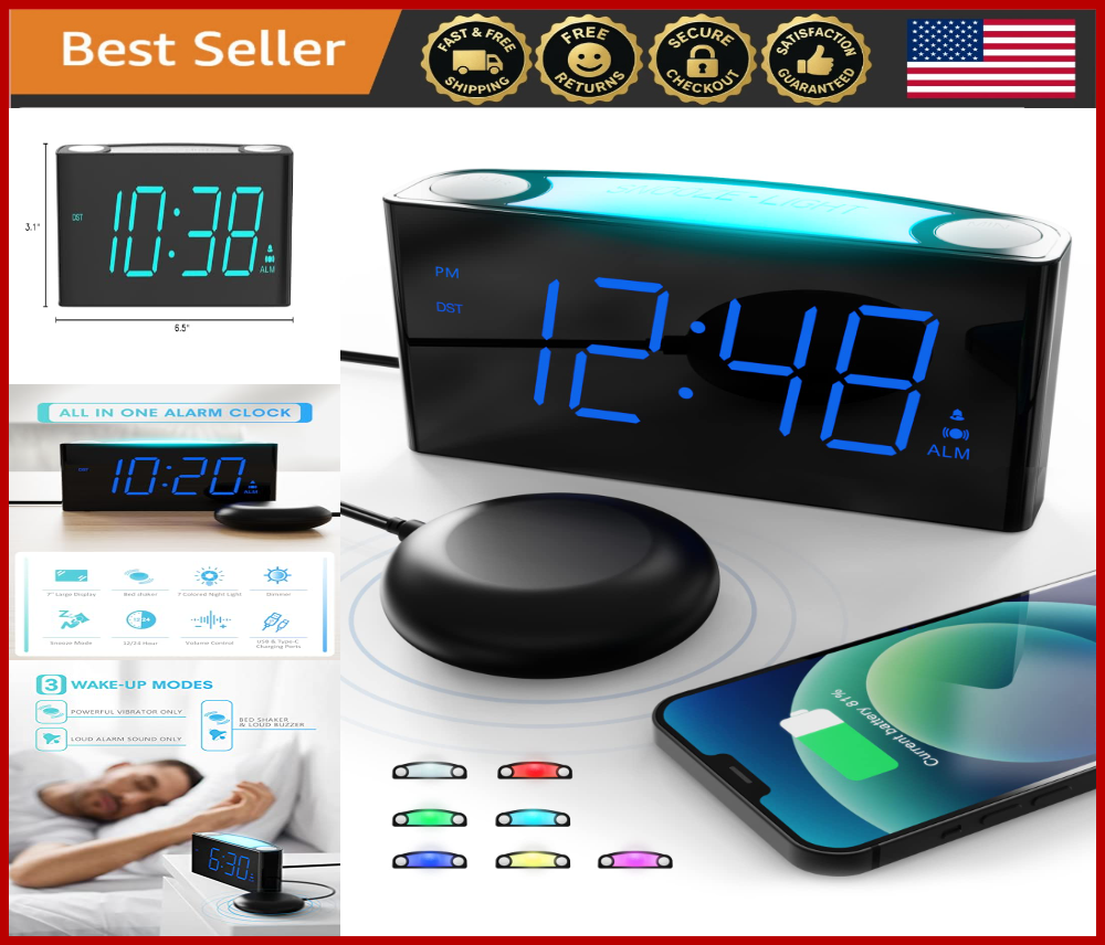Extra Loud Vibrating Alarm Clock for Heavy Sleepers, 7