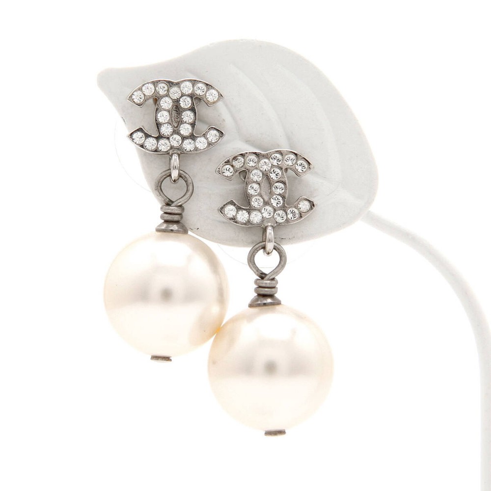 Chanel Coco Mark Rhinestone Fake Pearl Silver Metal Earrings A17V