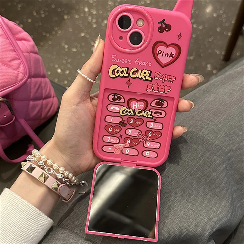 3D Cherry Heart Pink Mirror Phone Case for iPhone 12 13 14 15 16 Pro Max