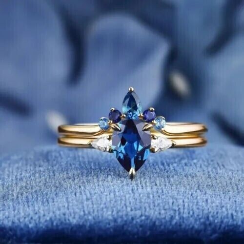 3Ct Pear Cut London Blue Topaz Bridal Ring Set 14K Gold Plated
