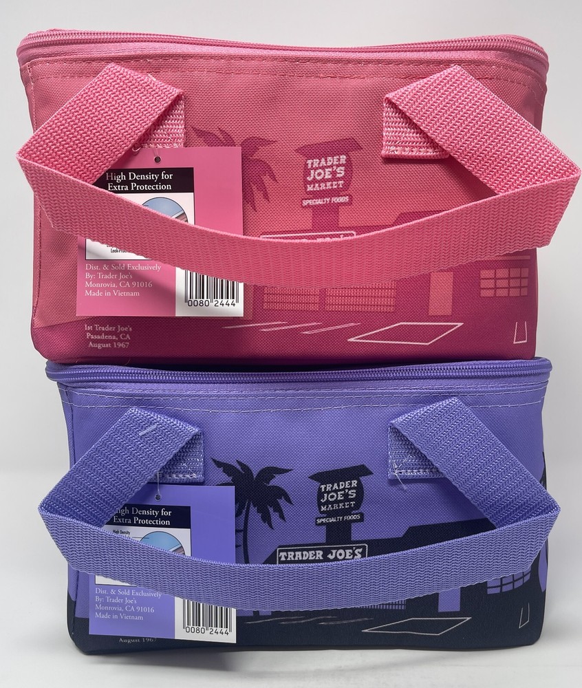 TRADER JOE'S MINI INSULATED TOTE LUNCH BAG - Lavendar & Pink (1 of each) 1.5 gal