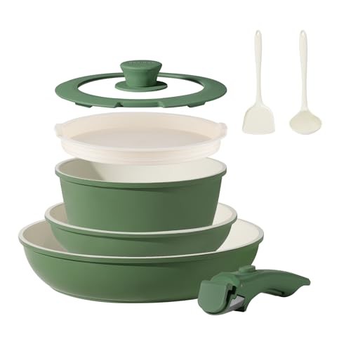 8PCS Nonstick Ceramic Cookware Set with Removable Handles in Green