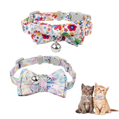 2 Pack Cat Collar with Breakaway Bowtie and Bell Rose yellow+Purple pink