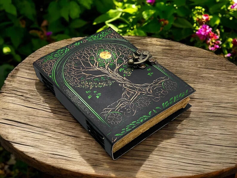 Large Grimoire Leather Journal with Tree of Life Design - Blank Spell Book  