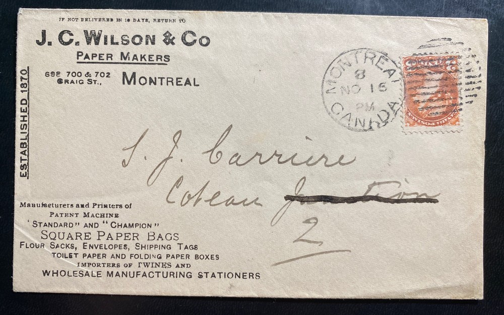 1900s Montreal Canada Advertising Cover J Wilson Paper Makers