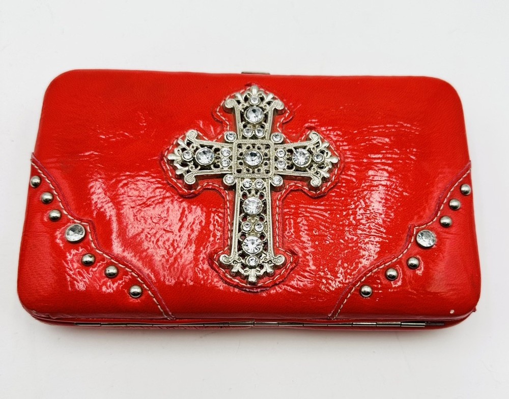 Red Rhinestone Western Cross Wallet Clutch in Faux Leather