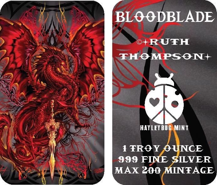 BLOODBLADE Hayleybug 1st Of 4 Red Dragon Sword One Oz .999 Fine Silver Art Bar