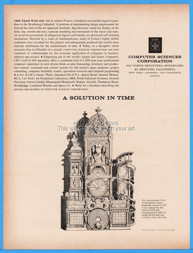 1963 Computer Sciences Co El Segundo CA Strasbourg France Astronomical Clock Ad