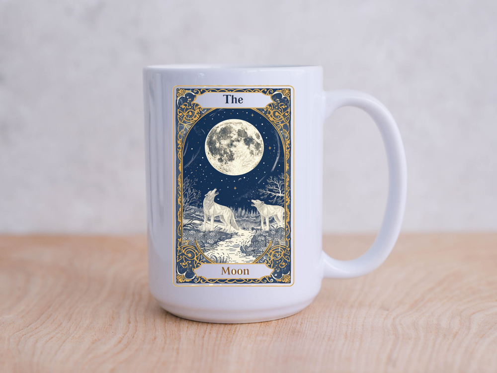 Moon Tarot Card 15oz Ceramic Coffee Mug with Wild Wolf Design by Mugzan
