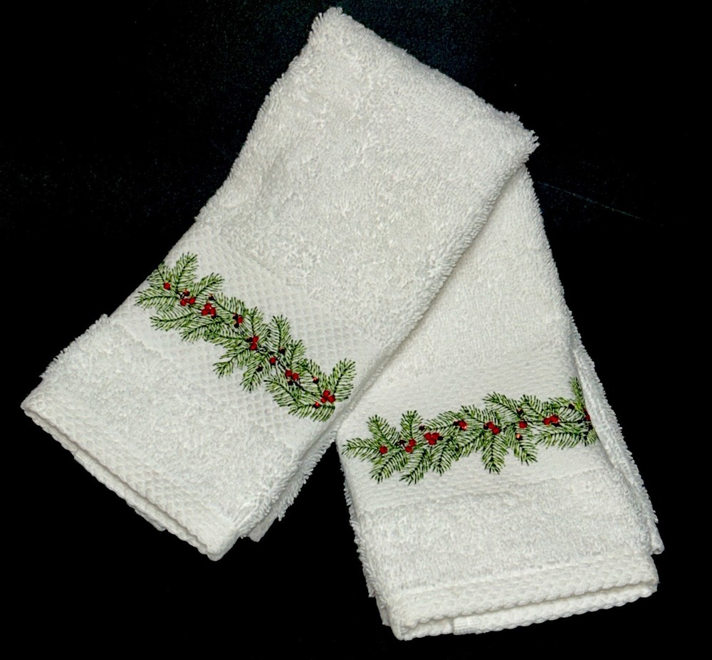 Arctic Holiday Embroidered Holly & Jewel Berries Bathroom Hand Towels (2) White