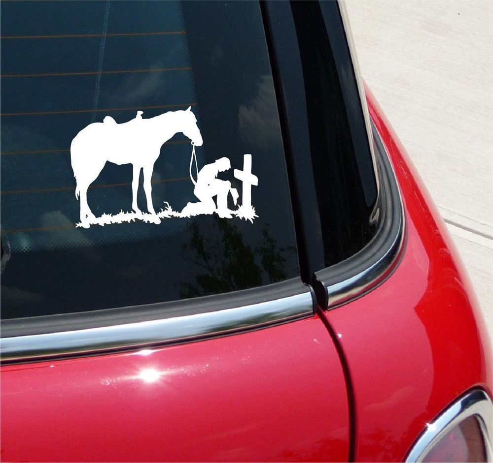 COWBOY CROSS PRAY PRAYER CHRISTIAN JESUS CHRIST GOD DECAL STICKER FUNNY CAR