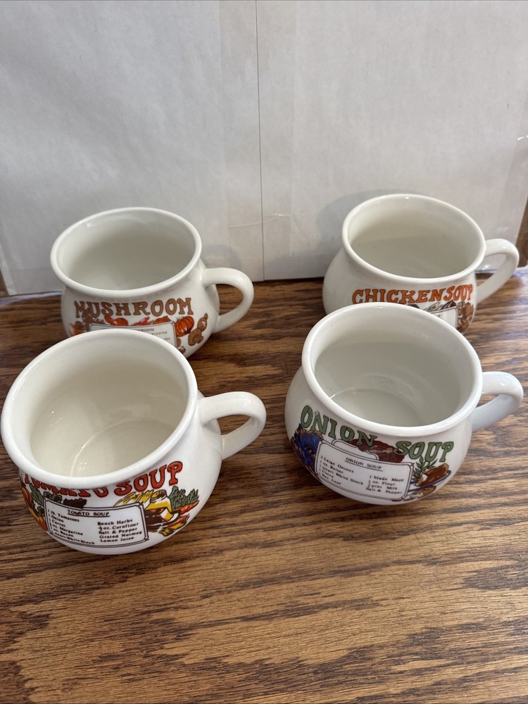 Vintage 70s Soup Recipe Mugs Bowls Set Of 4 Tomato Onion Chicken Mushroom