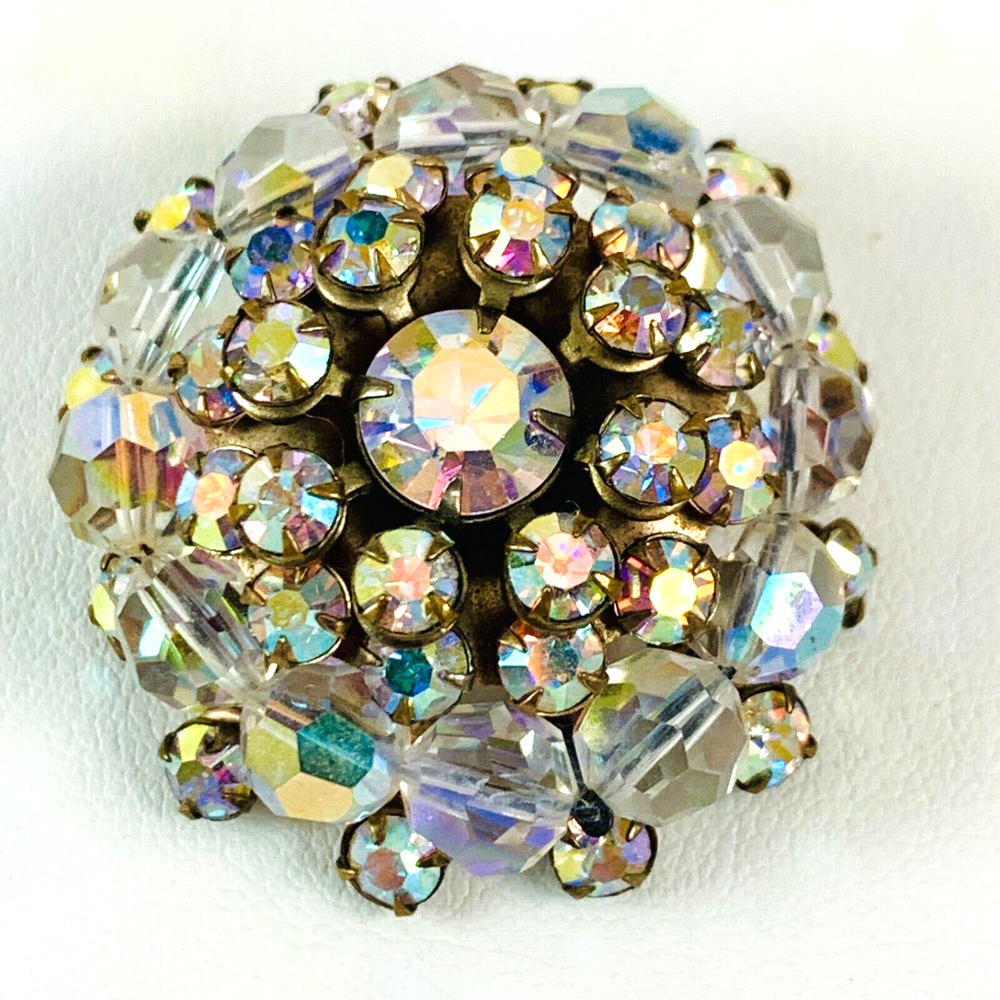 XX FABB Vintage Aurora Borealis AB Crystal Beaded Rhinestone Brooch Estate Pin