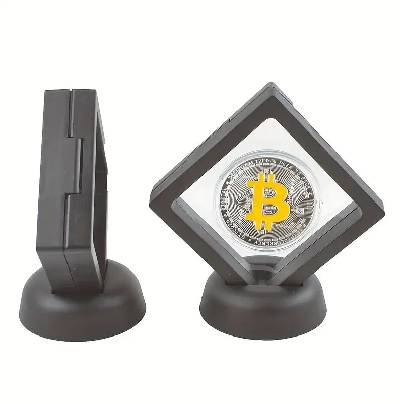 Silver Plated Bitcoin - Physical Metal Coin - BTC Cryptocurrency w/ Display Case-image