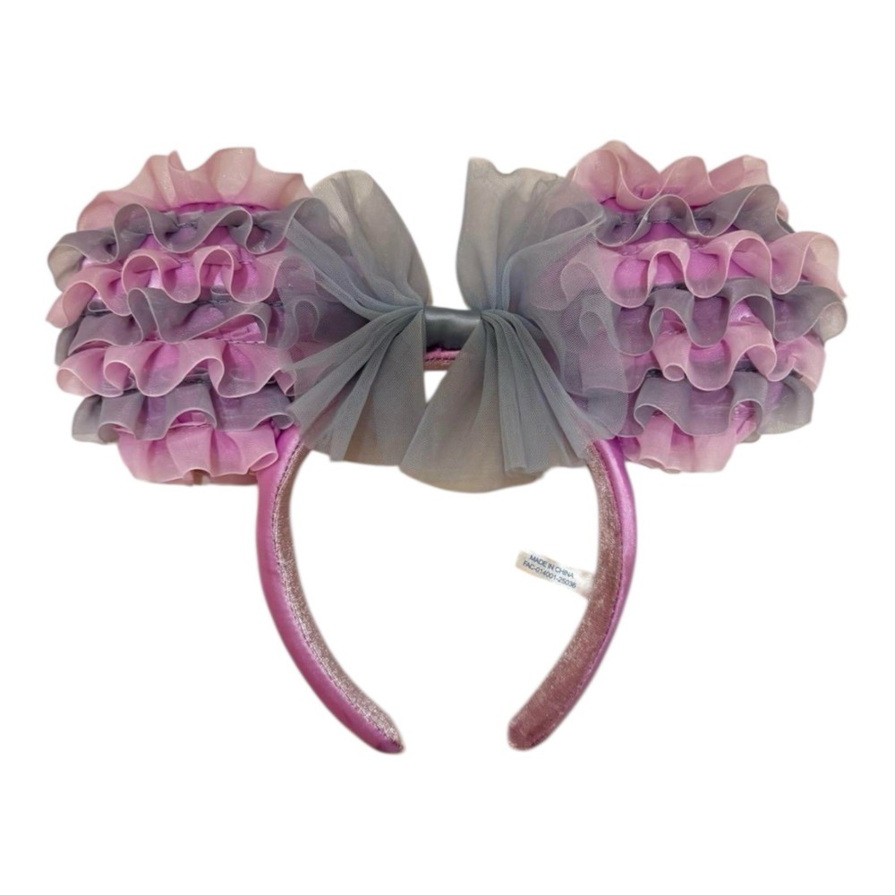 Tokyo Disney Resort Minnie Mouse Ears Headband with Pink Grey Bow and Tulle Frills  