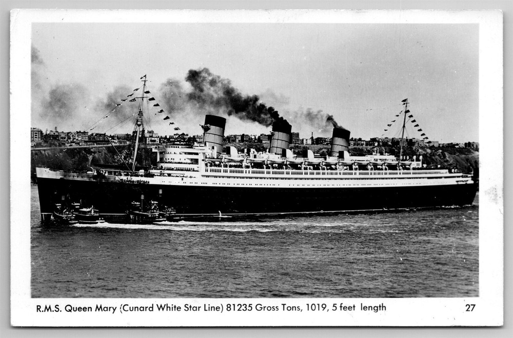RMS Queen Mary 1940 Cunard White Star Line Steamship Cruise Vintage RPPC Postcard H3