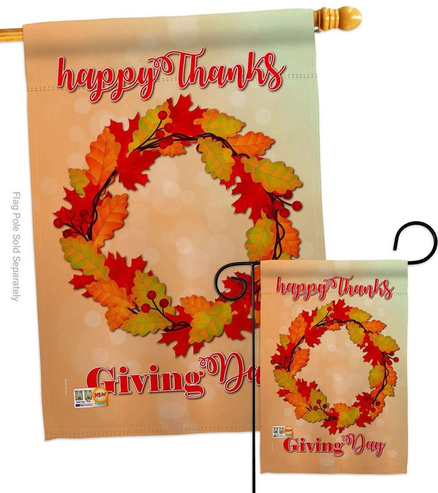 Thanksgiving Day Wreath Garden Flag Set Fall Turkey Give Thanks Gobble Pumpki...