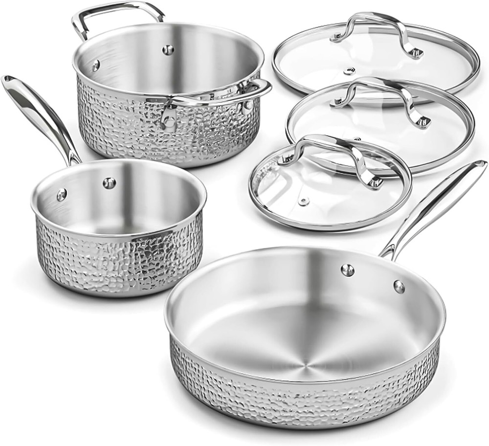 6-Piece Stainless Steel Hammered Cookware Set with Glass Lid, Pots & Pans