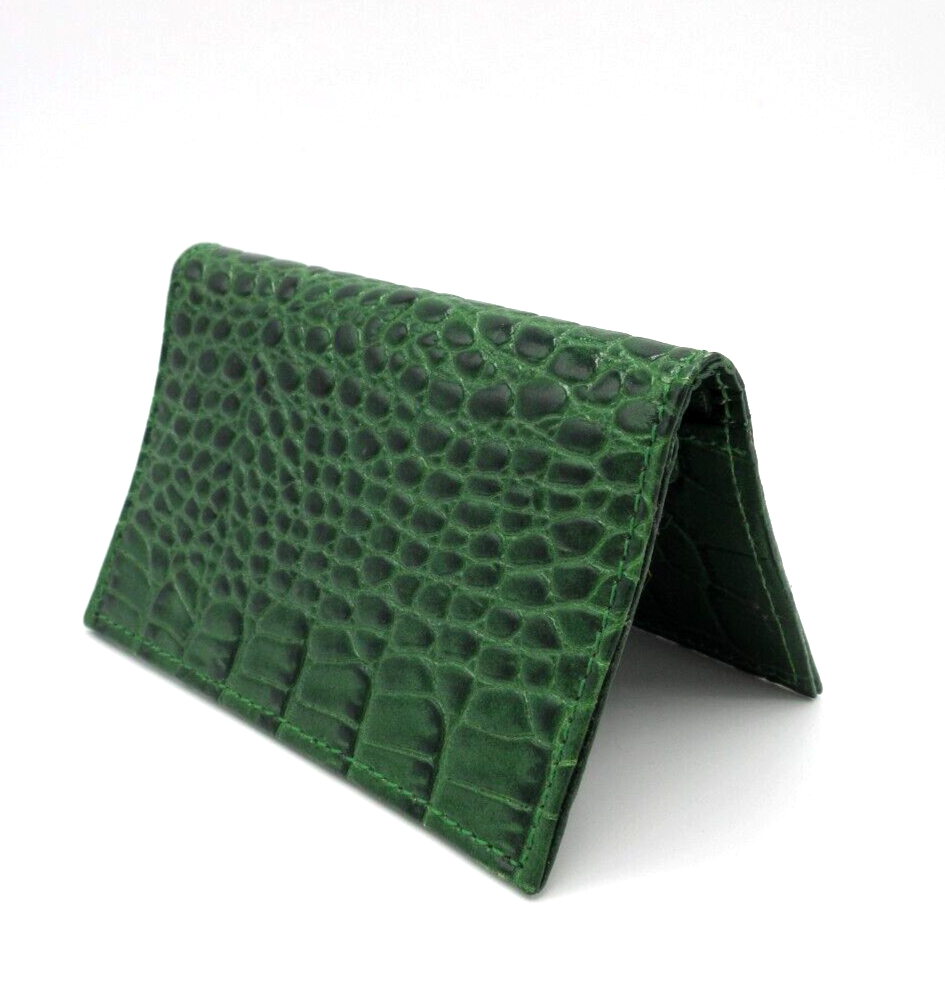 Leather Business Card Holder for Credit Cards with Green Croc Embossed USA Graphic-image