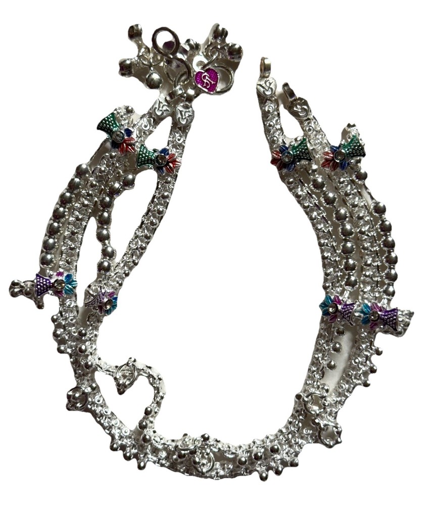 PAIR STERLING SILVER payal pink purple meena enamel BELL ANKLET BOLLYWOOD INDIA-image
