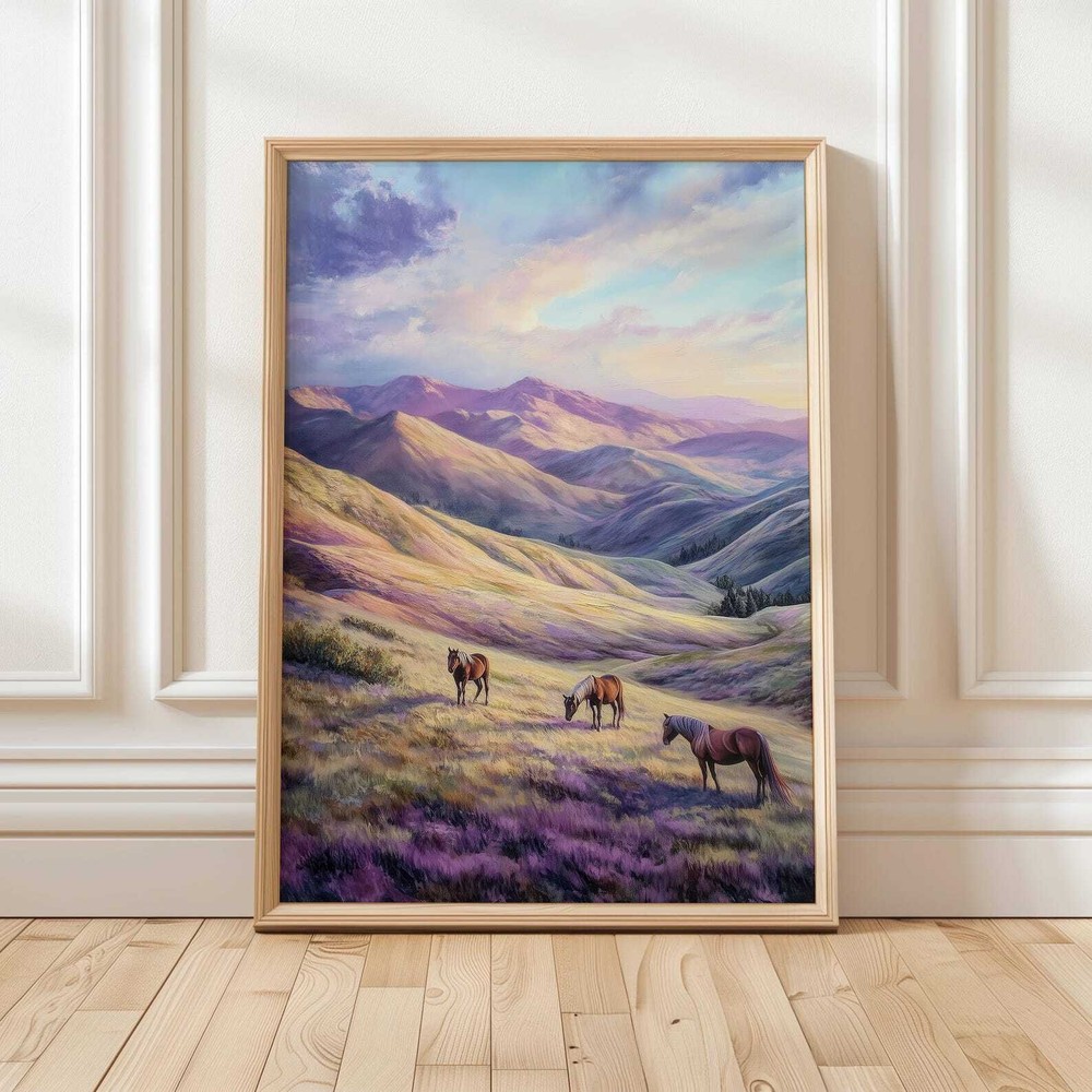 Mountain Landscape Horses Art Print  Serene Nature Wall Decor  Wild Horses