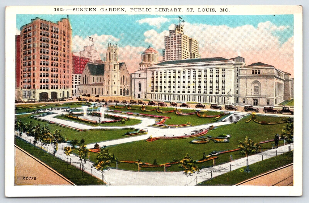 VINTAGE OLD ANTIQUE POSTCARD SUNKEN GARDEN PUBLIC LIBRARY ST. LOUIS MISSOURI USA