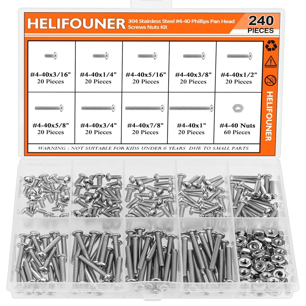 240 Pieces #4-40 Phillips Pan Head Machine Screws Nuts Assortment Kit, Coarse...