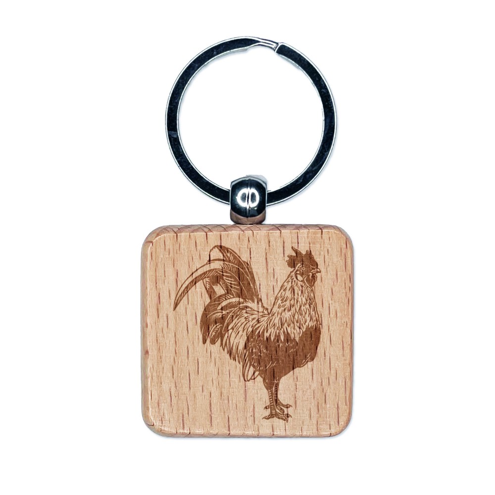 Handsome Rooster Chicken Engraved Wood Square Keychain Tag Charm