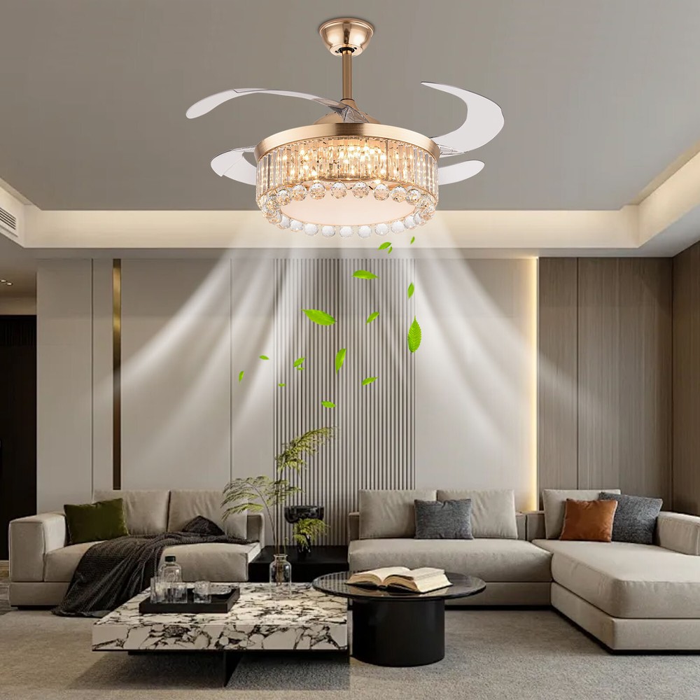 42 Inch Golden Ceiling Fan with Light, Remote Retractable Fandelier Ceiling Fan
