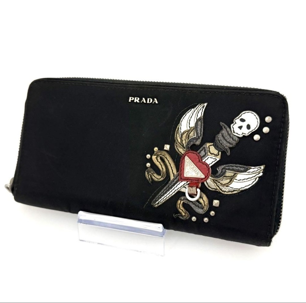 Prada Black Nylon Skull Logo Zip Wallet Organizer with Coin Compartment