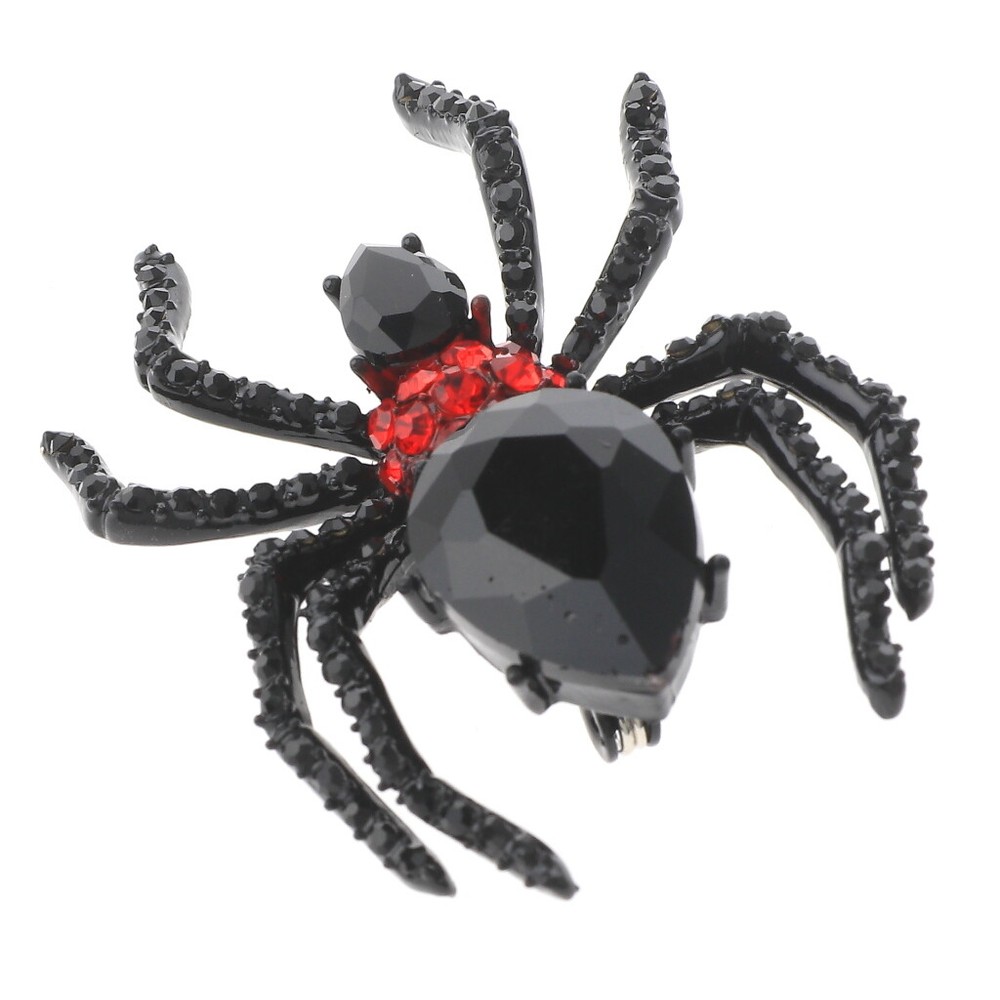 Black Tone Metal Crystal Rhinestone Spider Brooch P1543-JRED