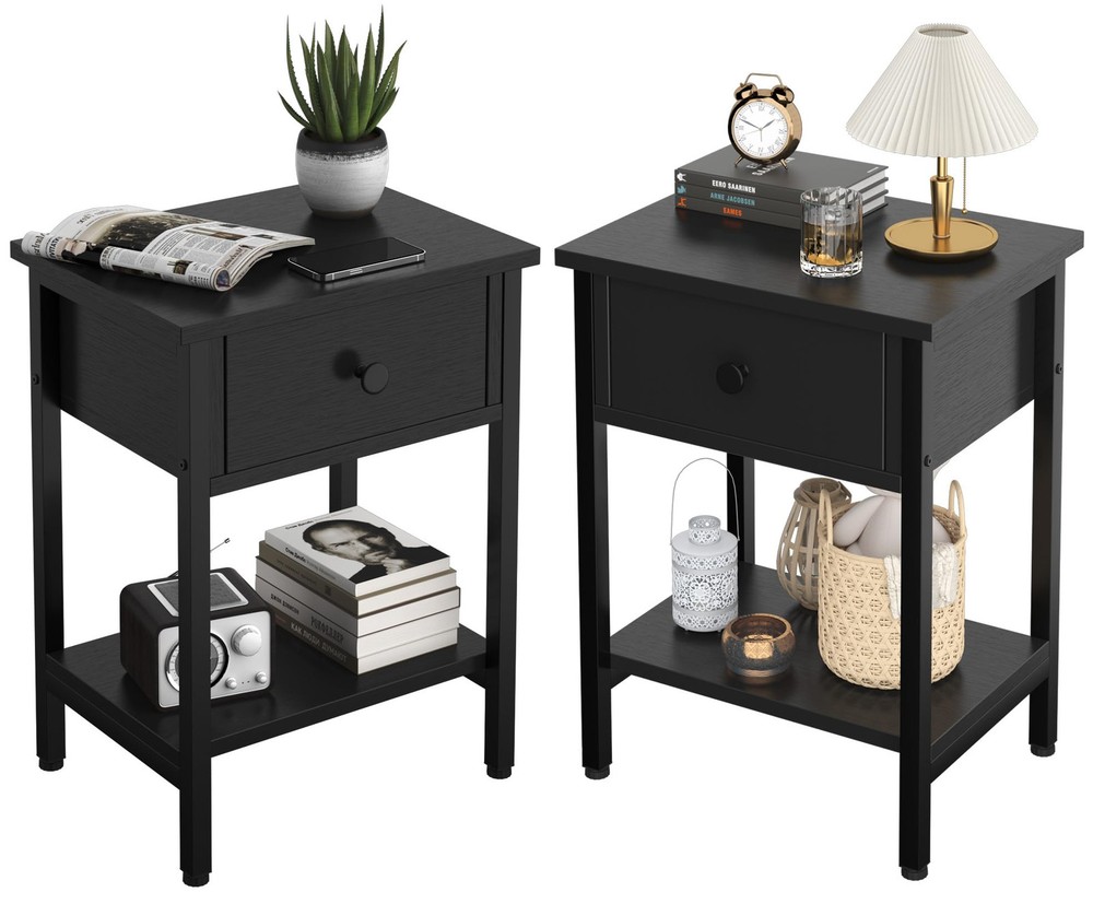 2-Tier Nightstand Set with Drawers and Storage Shelf – Modern Bedside Tables (Pair)